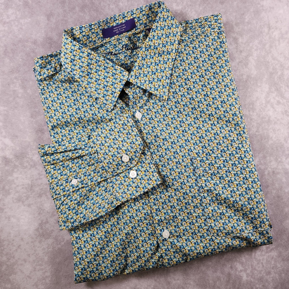 Alan Flusser Mens XXL Blue Yellow Paisley Cotton Long Sleeve Button Down Shirt